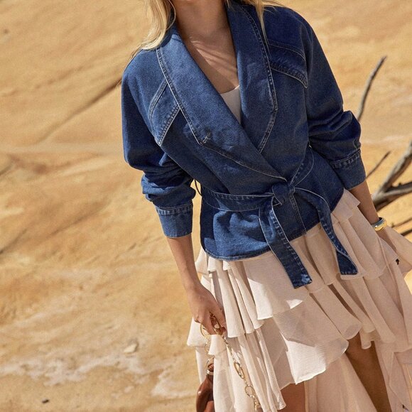 Jackets & Blazers - Blue Casual Women's Shawl Collar Raglan Sleeve Belted Denim Jacket